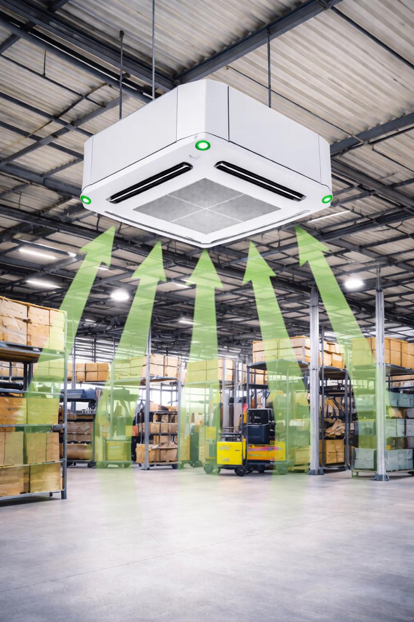 Déstratificateur d'air industriel installation entrepôt logistique